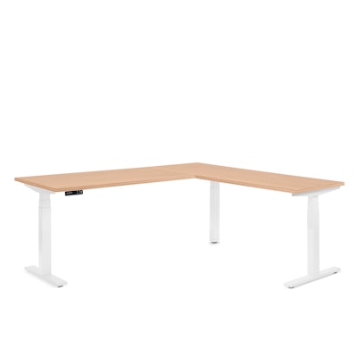 Series L Adjustable Height Corner Desk, Natural Oak with White Base, Right Handed